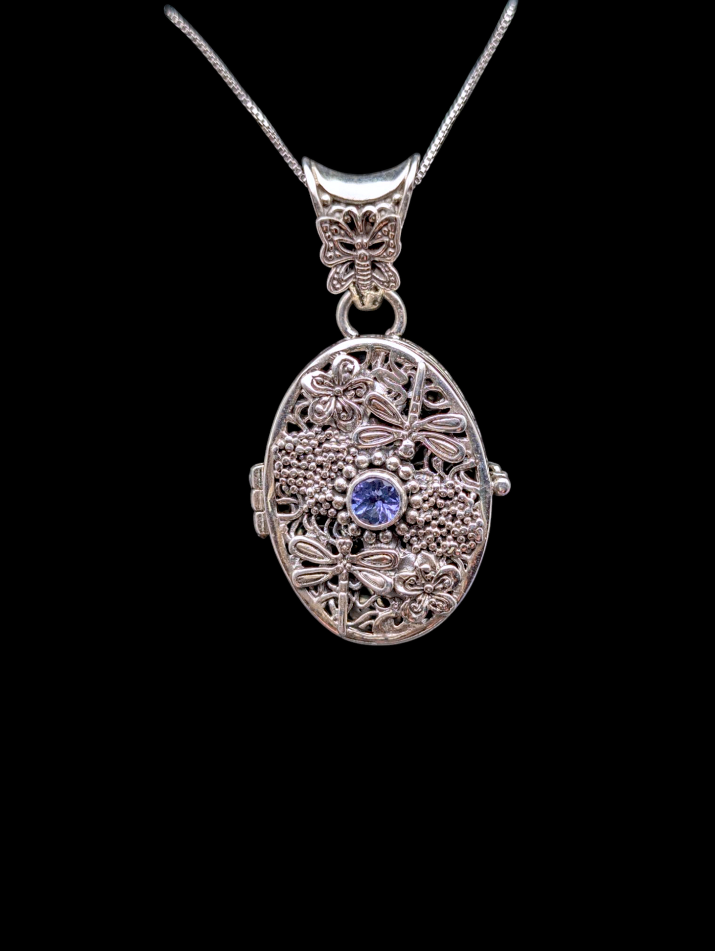 Vintage Earth Mined Genuine Tanzanite Dragonfly and Butterfly Filigree Locket Sterling Silver Pendant