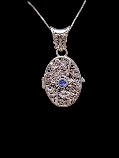 Vintage Earth Mined Genuine Tanzanite Dragonfly and Butterfly Filigree Locket Sterling Silver Pendant