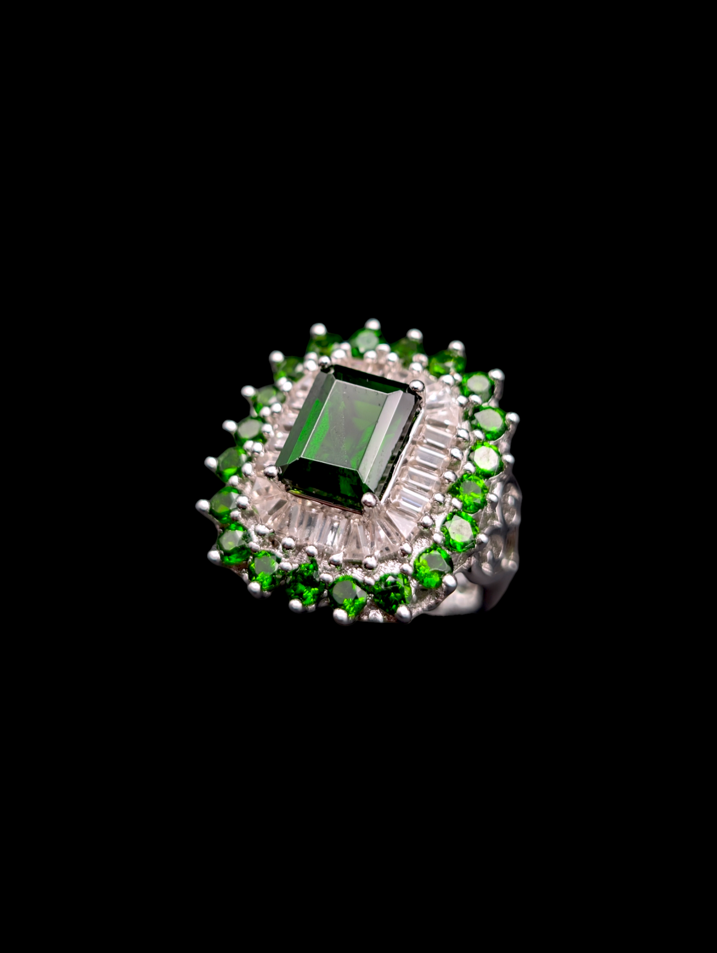 Vintage Art Deco Inspired Emerald Cut Genuine Chrome Diopside, Peridot and White Topaz Baguette Staggered Starburst Halo Sterling Silver Ring