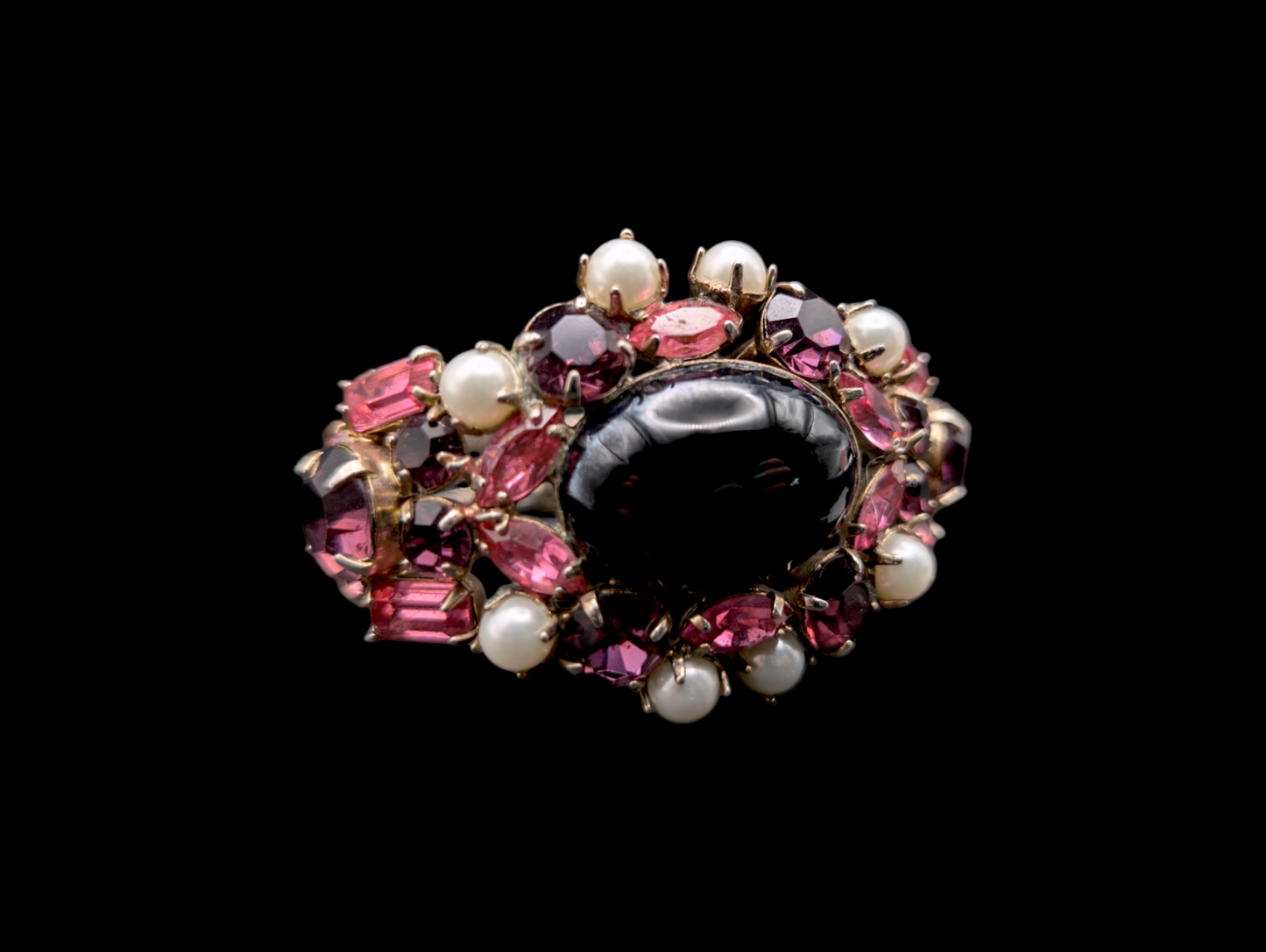 1950s - 1960s Simulated Pink Sapphire, Amethyst, Pearl and Onyx Czech Glass Rhinestone Cluster Hinge Bracelet