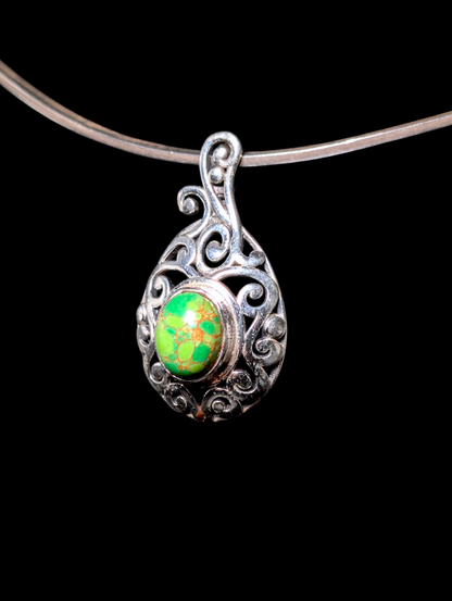 Vintage Oval Cut Bezel Cabochon Genuine Green Turquoise Sterling Silver Filigree Pendant