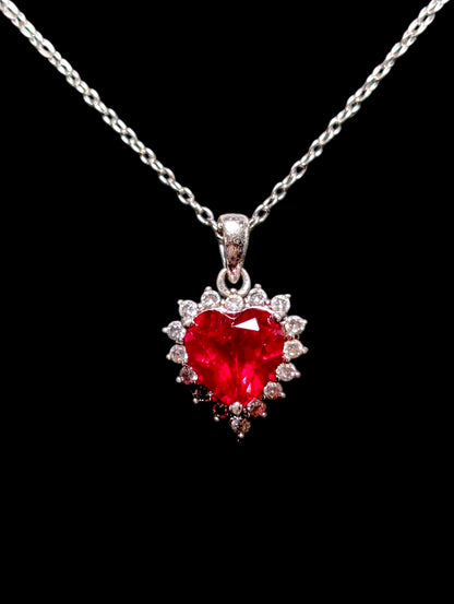 Vintage Genuine Ruby Heart, Simulated Diamond Halo Sterling Silver Pendant