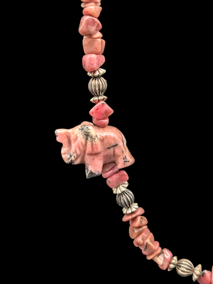 Vintage Carved Elephant Rhodonite Chip Necklace with Silver Beads