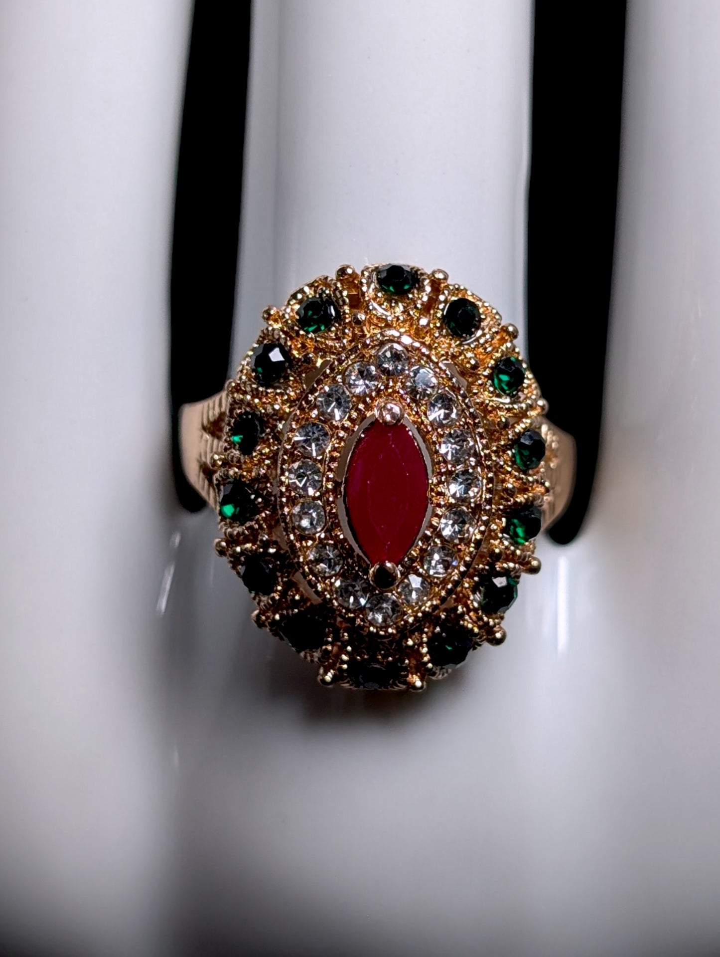 Vintage Simulated Ruby Solitaire with Emerald and Diamond Halo Gold Toned Ring
