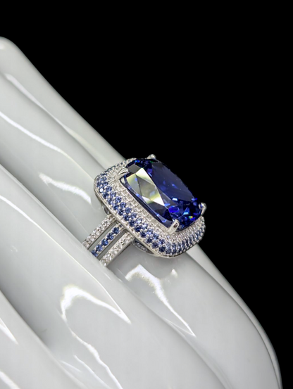 Vintage Large 6.8 Carat Triple Halo Genuine Tanzanite Solitaire and Simulated Diamonds Rhodium over Sterling Silver Split Shank Ring