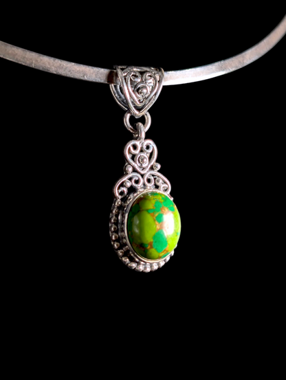 Vintage Oval Cut Bezel Cabochon Genuine Green Turquoise Sterling Silver Studded Artisan Pendant