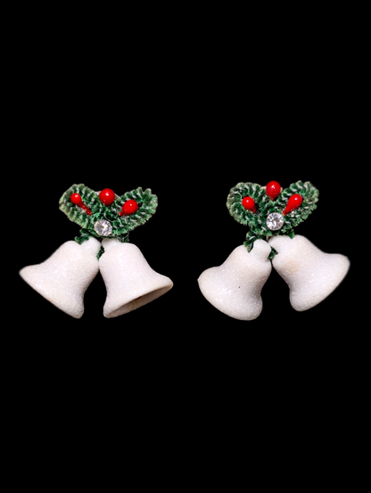 Vintage Sparkly Snowy White Silver Bells and Holly Earrings