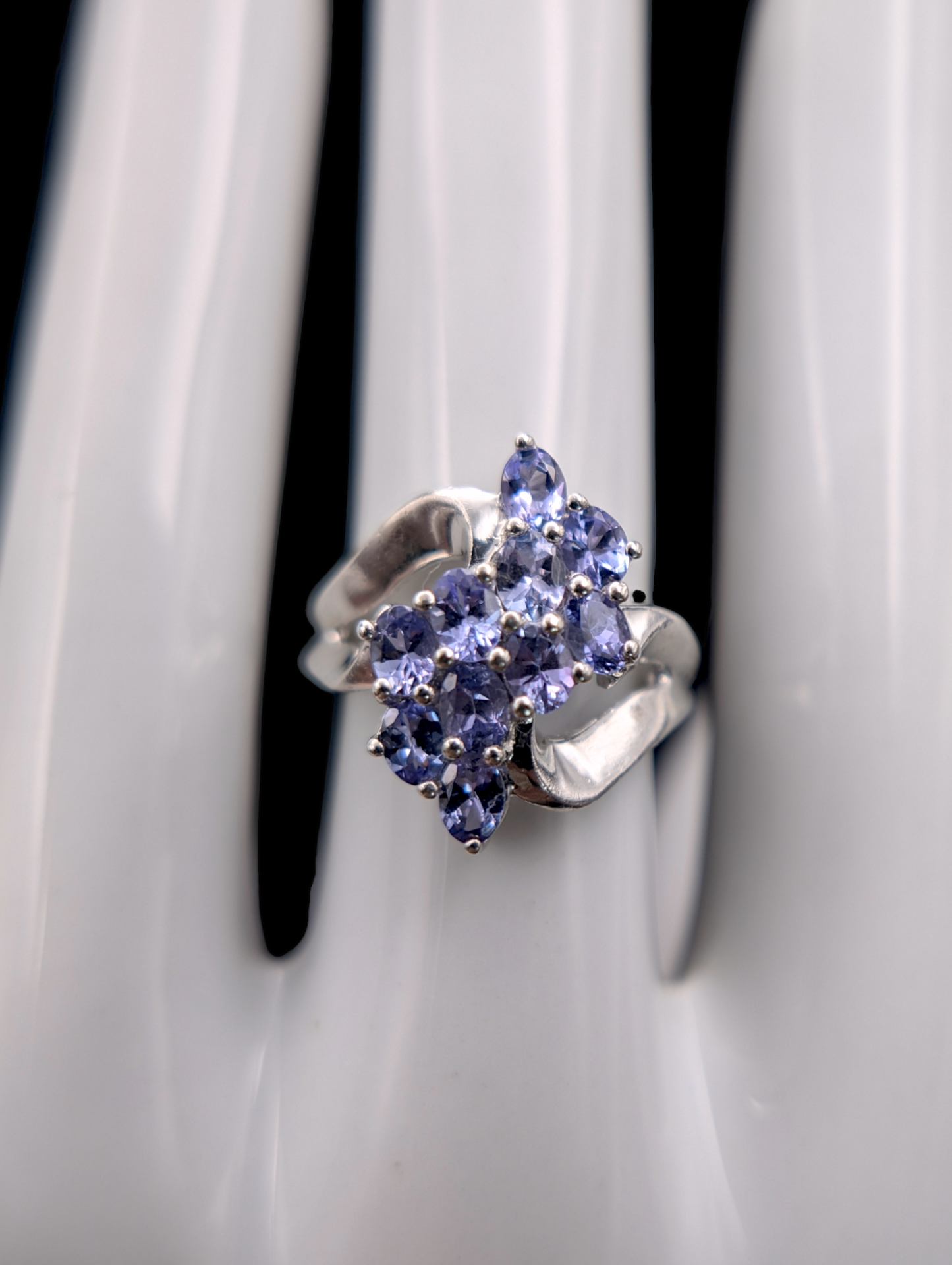 Vintage Genuine Tanzanite Waterfall Cluster Sterling Silver 925 Ring