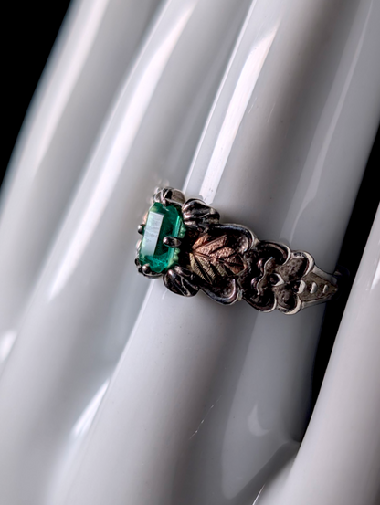 Vintage Black Hills Gold Emerald Cut Genuine Helenite 12K Gold and Sterling Silver Ring