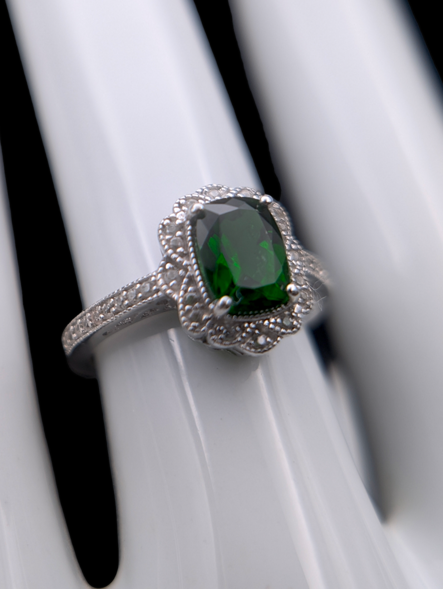 Edwardian Inspired Radiant Cut Green Chrome Diopside and White Topaz Halo Sterling Silver Ring