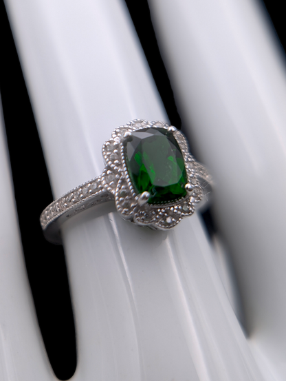 Edwardian Inspired Radiant Cut Green Chrome Diopside and White Topaz Halo Sterling Silver Ring