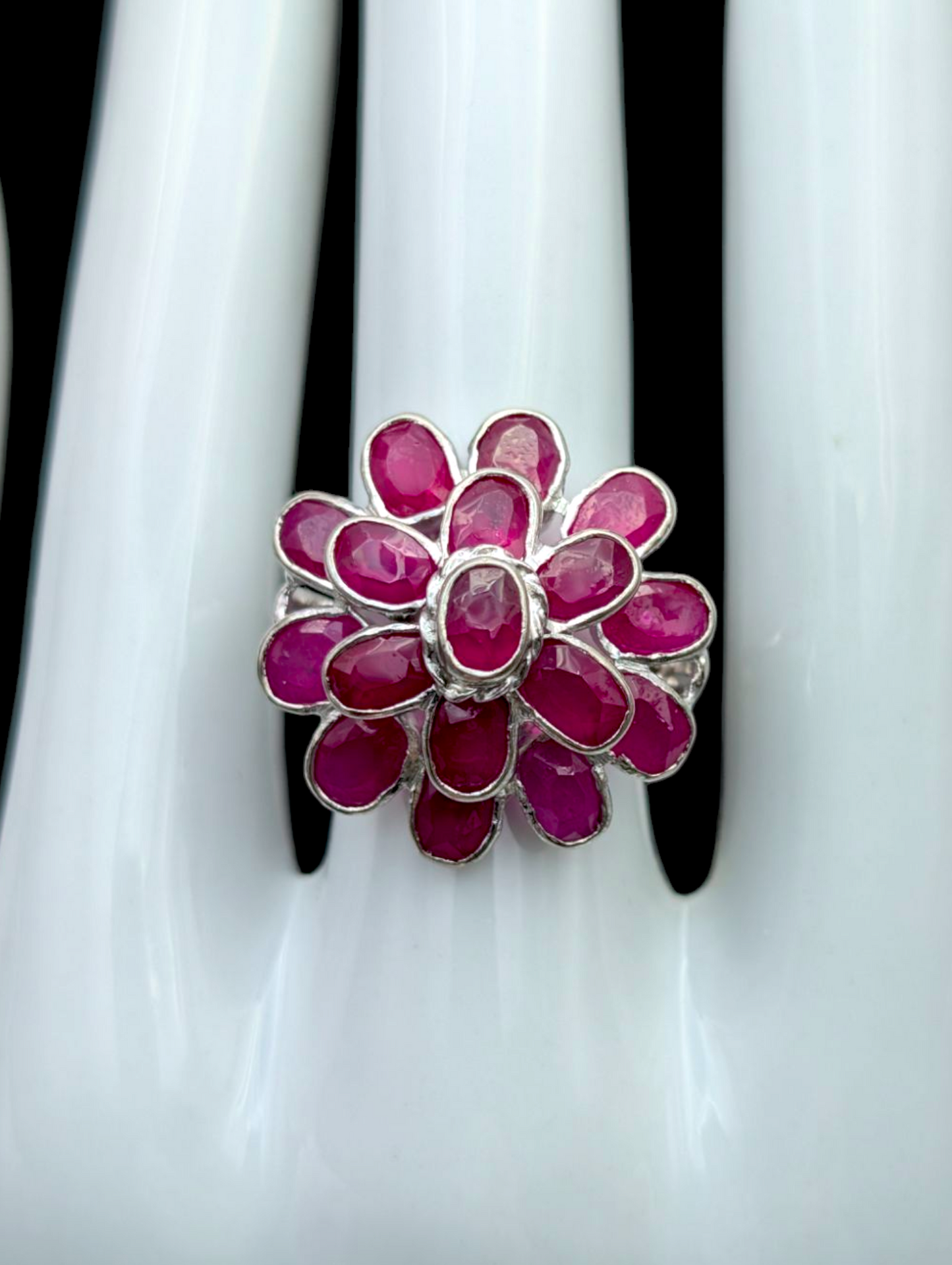 Vintage 11 Carat Bezel Set Earth Mined Genuine Ruby Cluster Ballerina 18k White Gold Plated Statement Ring