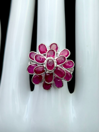 Vintage 11 Carat Bezel Set Earth Mined Genuine Ruby Cluster Ballerina 18k White Gold Plated Statement Ring