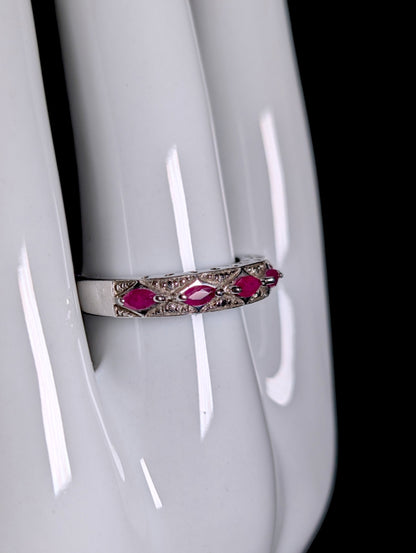 Vintage Marquise Row Genuine Ruby Eternity Band Sterling Silver Ring