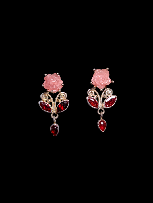 Vintage Bezel Set Genuine Garnet and Carved Rose Quartz Pink Roses Sterling Silver Stud Post Dangle Earrings