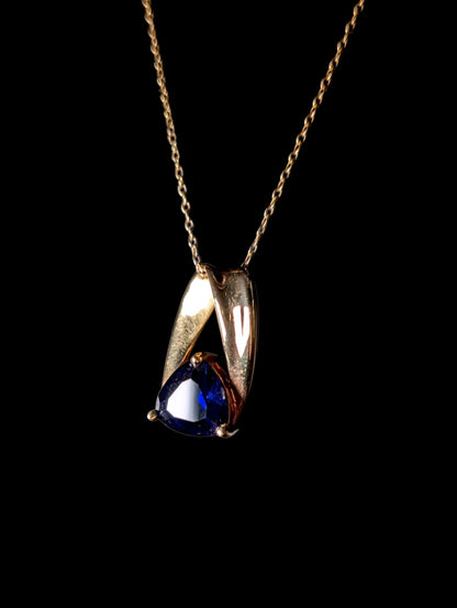 Vintage Trillion Cut Genuine Royal Blue Sapphire 18k Yellow Gold over Sterling Pendant