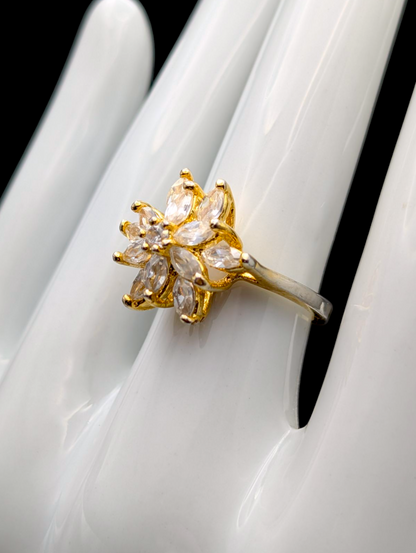 Vintage Flower Simulated Diamond Gold Tone Statement Vacation Ring