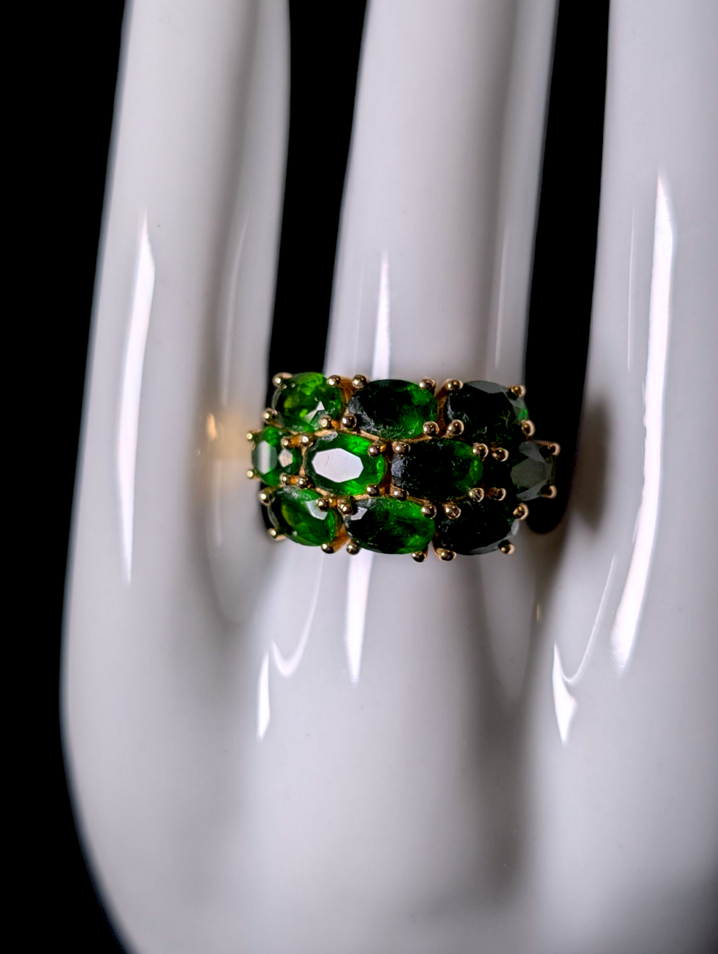 Vintage Three Row Oval Cut Genuine Chrome Diopside 18k Yellow Gold Vermeil Ring