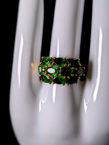 Vintage Three Row Oval Cut Genuine Chrome Diopside 18k Yellow Gold Vermeil Ring