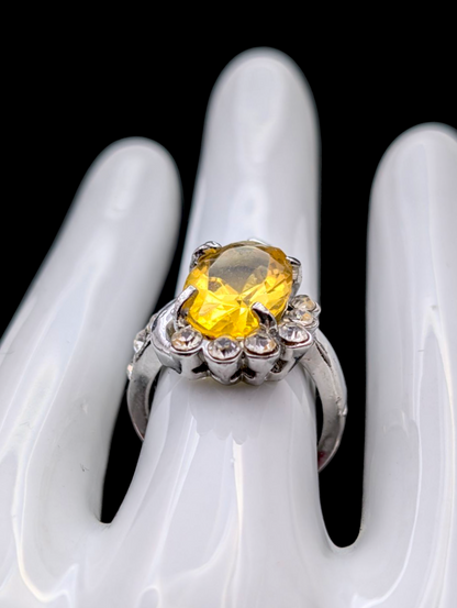 Vintage Unique Simulated Citrine and Simulated Diamond Accented Silver Toned Statement Ring