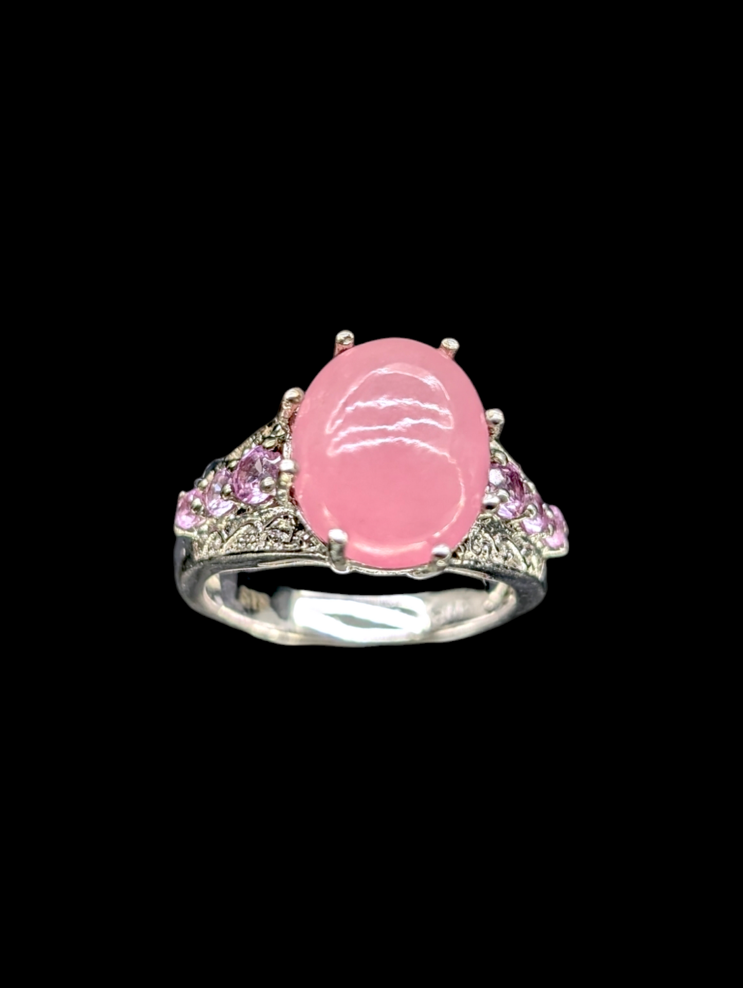 Vintage Karis Oval Cabochon Cut Genuine Pink Jade and Genuine Pink Sapphire Sterling Silver Ring