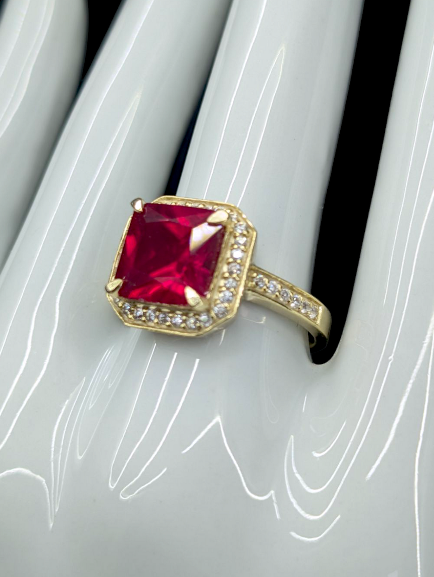 Vintage 5.6 Carat Solitaire Genuine Ruby and Zircon Halo 14k Gold Vermeil Princess Cut Ring