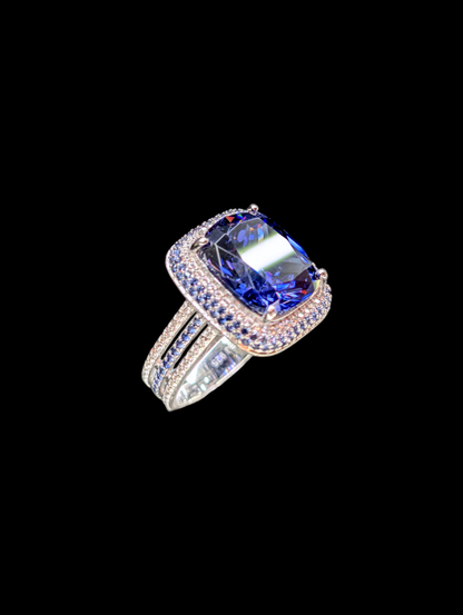 Vintage Large 6.8 Carat Triple Halo Genuine Tanzanite Solitaire and Simulated Diamonds Rhodium over Sterling Silver Split Shank Ring