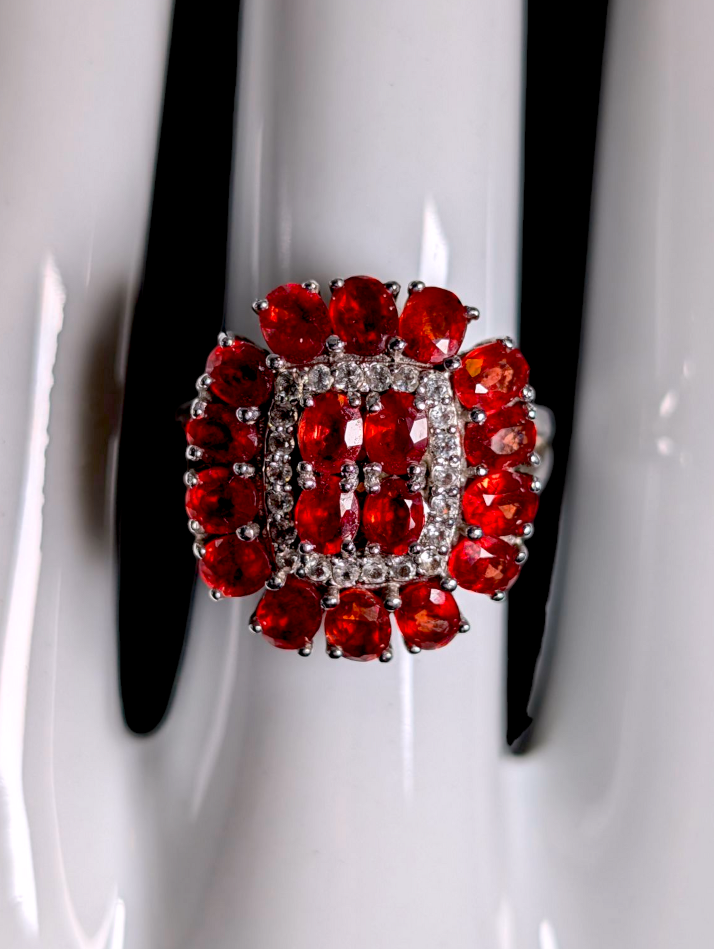 Vintage Art Deco Inspired Genuine Red Sanguine Sapphire and White Zircon Halo Sterling Silver Cluster Statement Ring