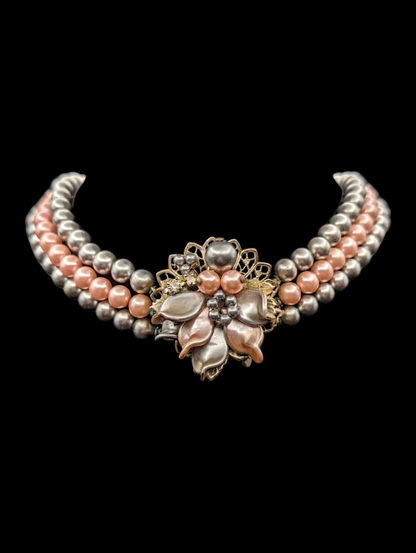 1940s-1950s  3 Strand Silver and Pink Choker Necklace with Flower Pendant
