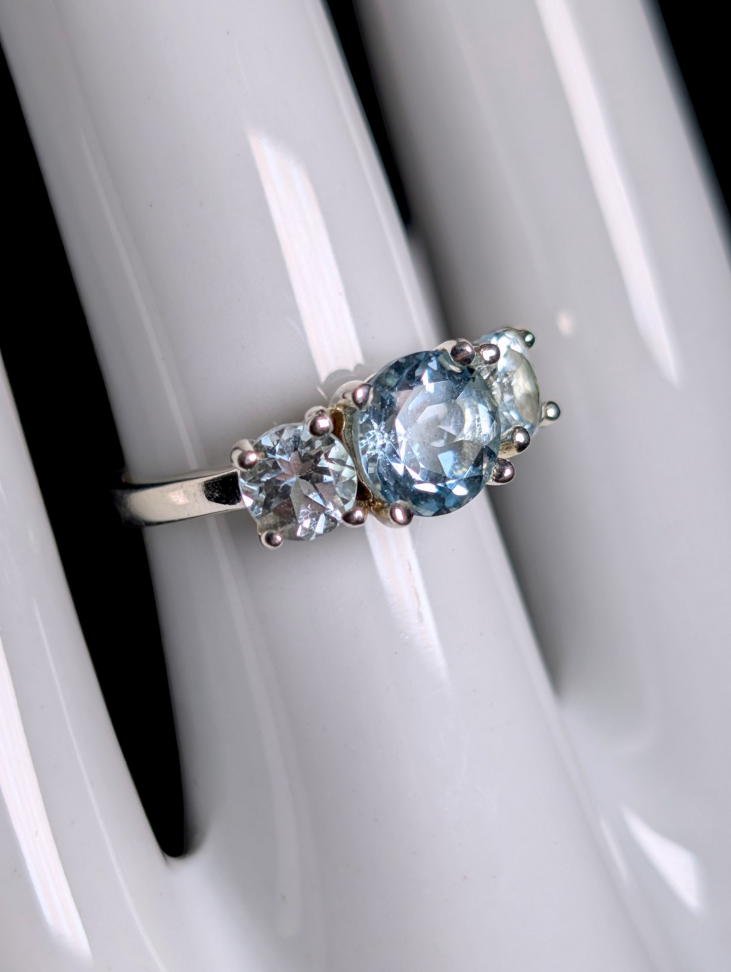 Vintage Round Cut Three Stone Genuine Swiss and Sky Blue Topaz Sterling Silver Ring