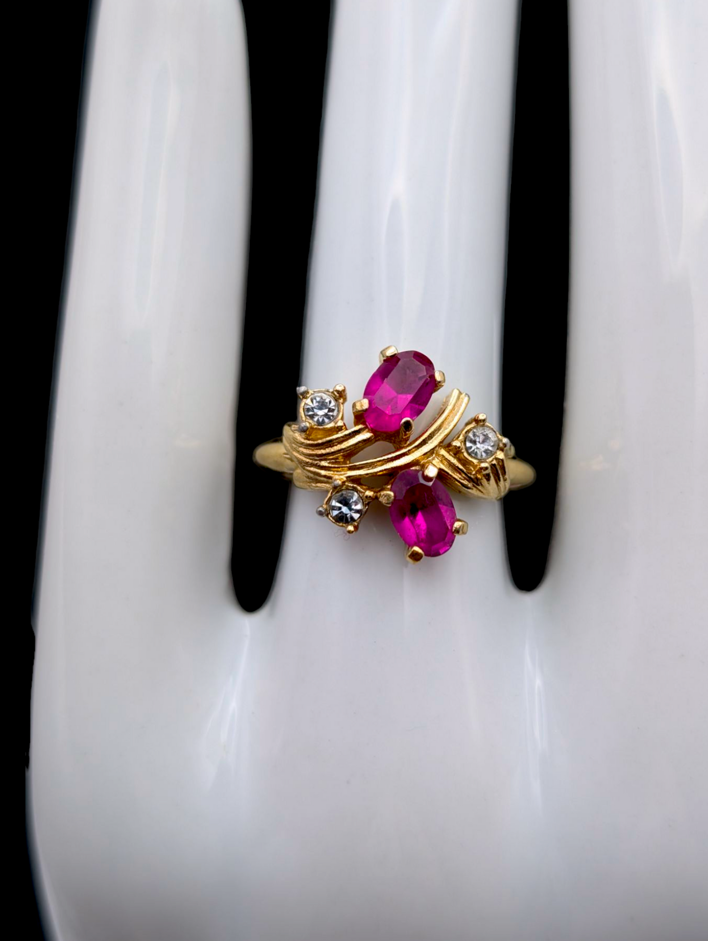 Vintage Dainty Oval Cut Simulated Pink Sapphire and Simulated Diamond Gold Toned Ring
