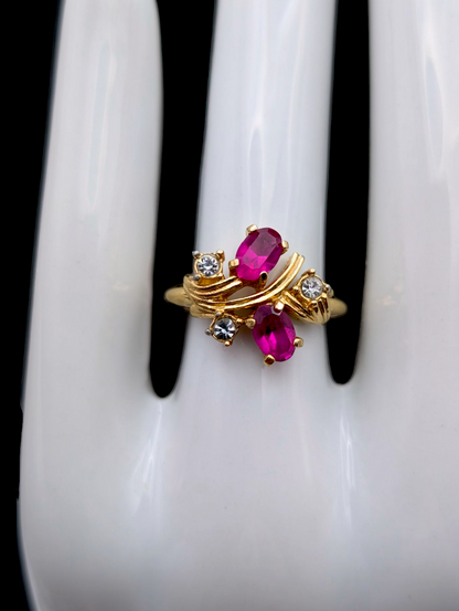 Vintage Dainty Oval Cut Simulated Pink Sapphire and Simulated Diamond Gold Toned Ring