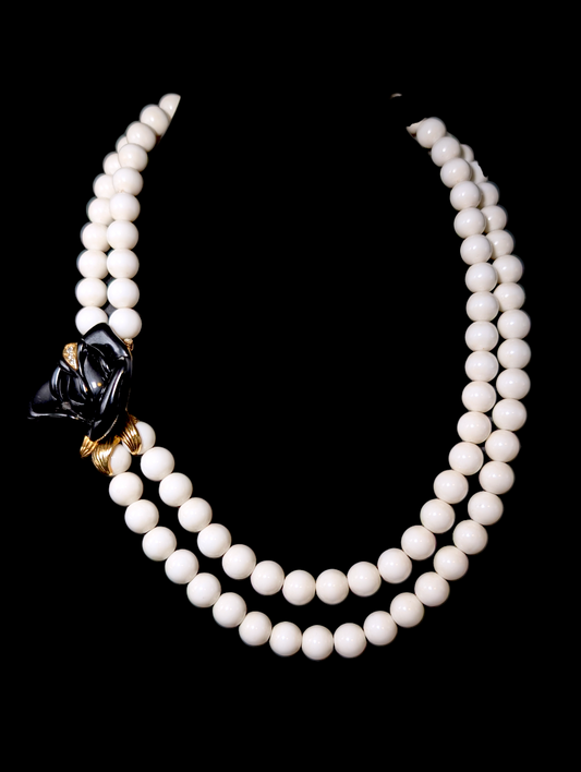 1980s Vintage Avon Kenneth Jay Lane Flower Rhinestone Black and White Beaded Two Strand Statement Necklace