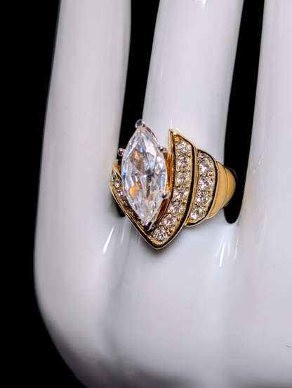 Vintage Marquise Cut Solitaire Simulated Diamond 14K HGE Gold Espo Statement Cocktail Ring