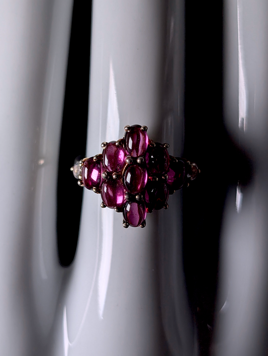 Vintage Cabochon Cluster Genuine Raspberry Garnet with White Topaz Accents Sterling Silver Ring