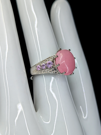 Vintage Karis Oval Cabochon Cut Genuine Pink Jade and Genuine Pink Sapphire Sterling Silver Ring