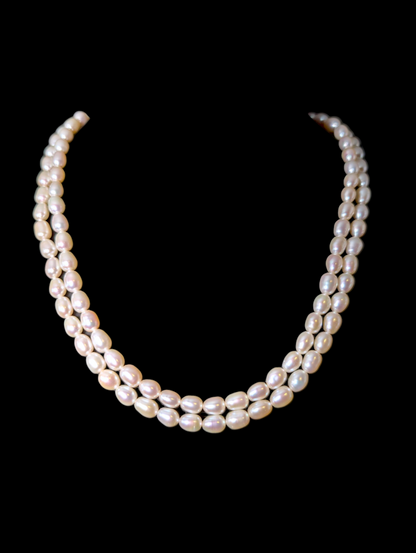 Vintage Hand Knotted Genuine Freshwater Oval Pearl Double Strand Sterling Silver Lobster Clasp Necklace