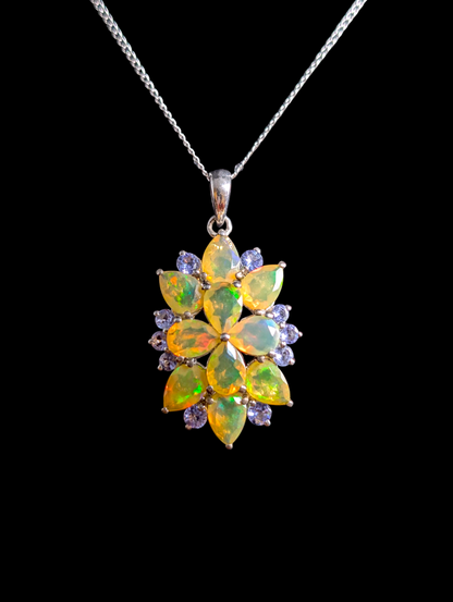 Vintage Inspired Earth Mined Genuine Ethiopian Welo Fire Opal and Tanzanite Cluster Sterling Silver Pendant