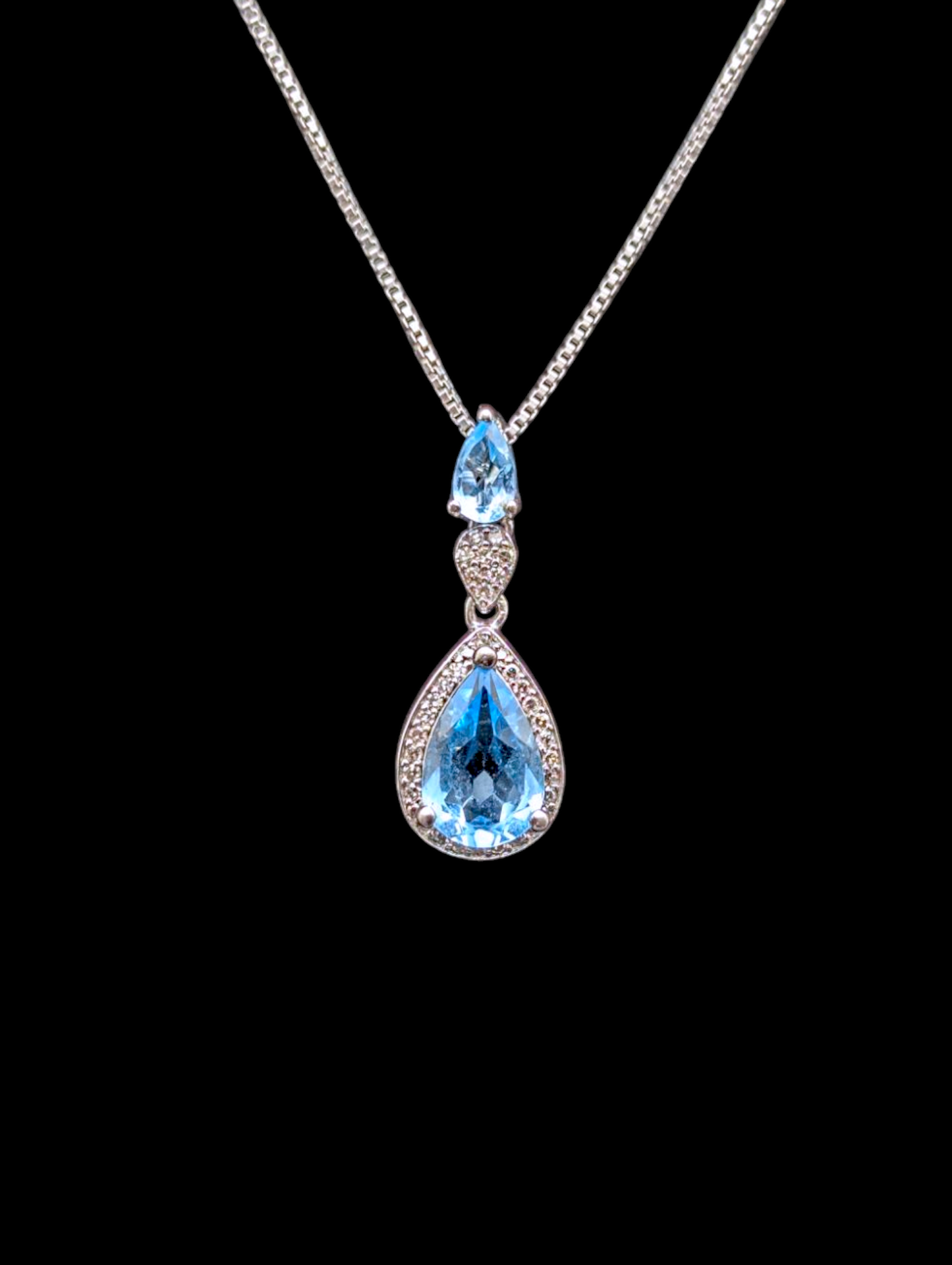 Vintage Dazzling Pear Cut Genuine Swiss Blue Topaz and Diamond Halo Dangle Sterling Silver Pendant