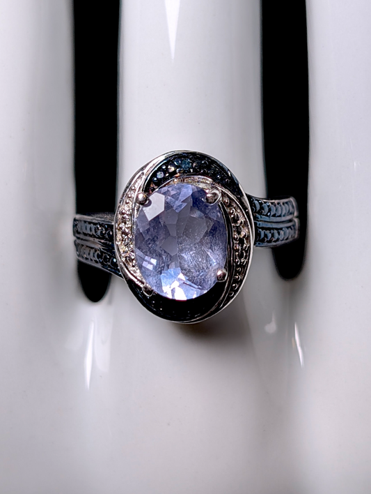 Vintage Inspired Oval Cut Earth Mined Genuine Tanzanite Solitaire Black and White Rhodium Halo over Sterling Silver Ring