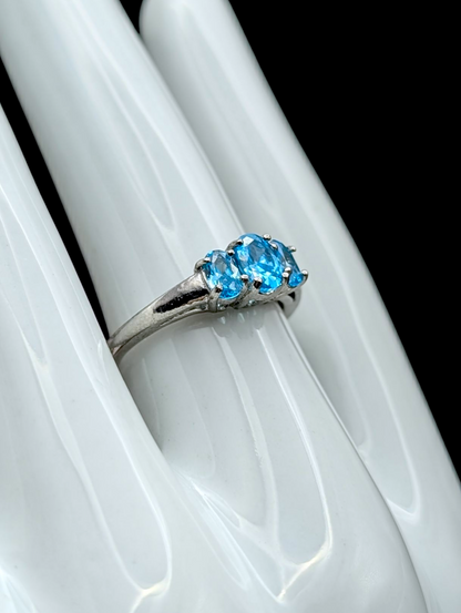 Vintage Dainty Trio Simulated Swiss Blue Topaz Sterling Silver Ring