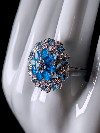 Vintage Dazzling Starburst Cluster Genuine Blue Apatite and Topaz Sterling Silver Statement Ring