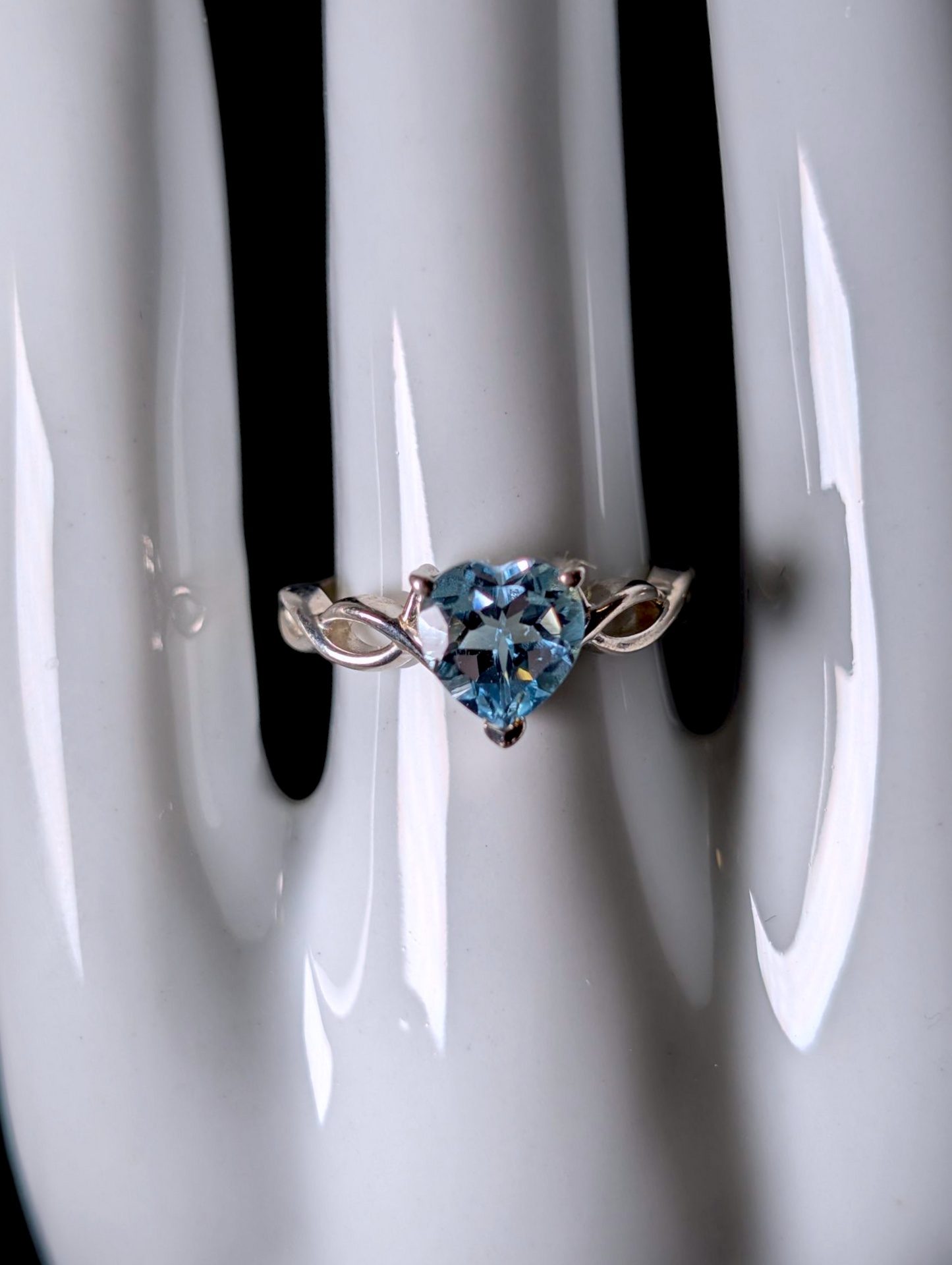 Vintage Heart Cut Genuine Blue Topaz Solitaire Sterling Silver Filigree Ring