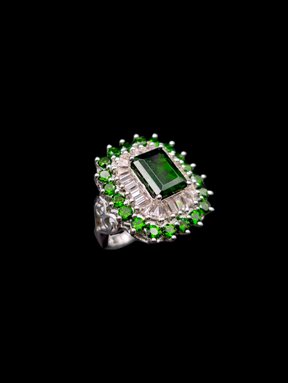 Vintage Art Deco Inspired Emerald Cut Genuine Chrome Diopside, Peridot and White Topaz Baguette Staggered Starburst Halo Sterling Silver Ring