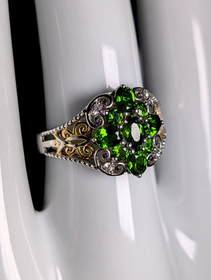 Vintage Genuine Chrome Diopside and White Topaz Sterling Silver and Gold Filigree Ring