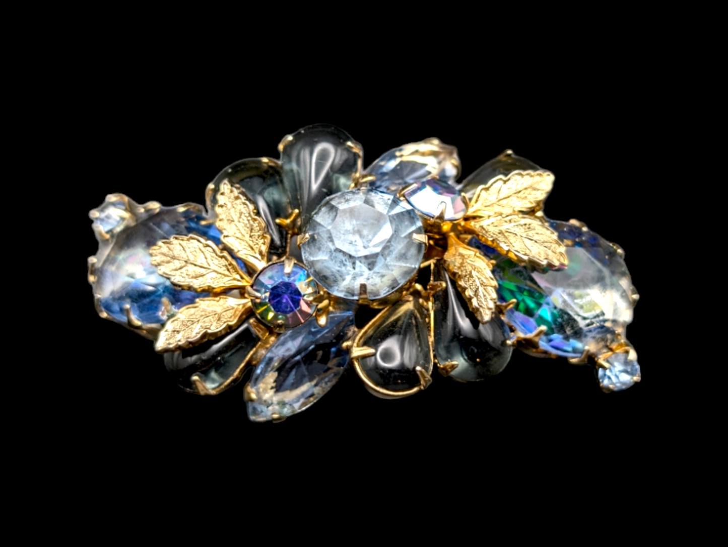 1940 - 1960s Juliana Frosted Blue Gray Flower Brooch with Aurora Borialis Rhinestones Pin