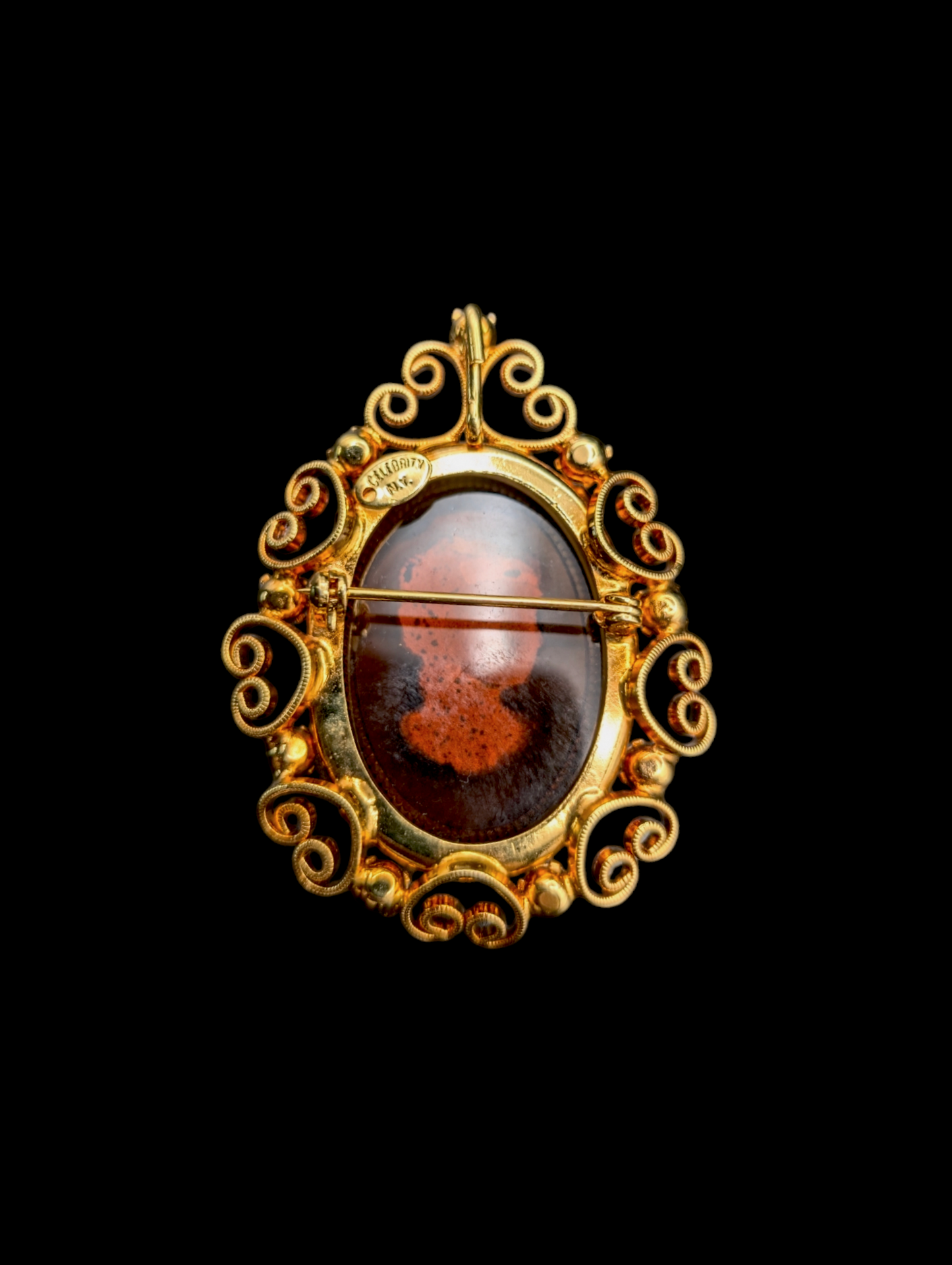 1960s Juliana D&E Celebrity NY Amber Glass Iridescent Cameo with Gold Filigree and Orange Rhinestone Brooch Pin Pendant