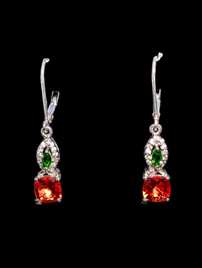 Vintage Genuine Hessonite Garnet, Chrome Diopside and White Zircon Dangle Drop Sterling Silver Earrings