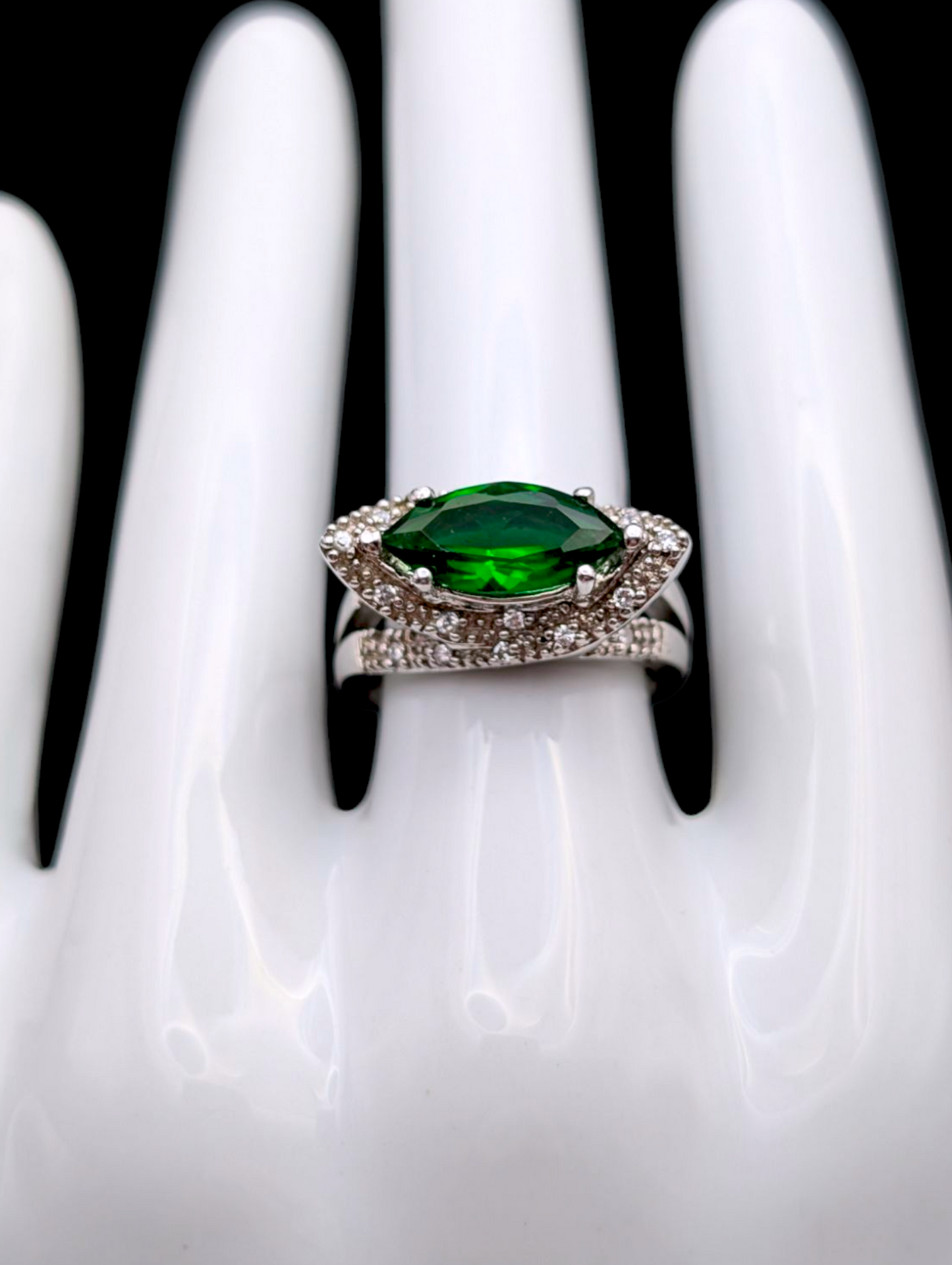 Vintage Marquise Cut Simulated Emerald Solitaire and Simulated Diamond Halo Accent Silver Toned Statement Ring