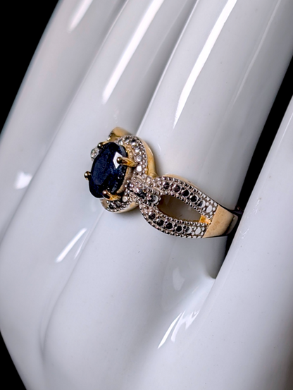 Vintage Dee Berkley Oval Cut Genuine Blue Sapphire Solitaire with Diamond Accented Halo 18kt Yellow Gold over Sterling Silver Ring
